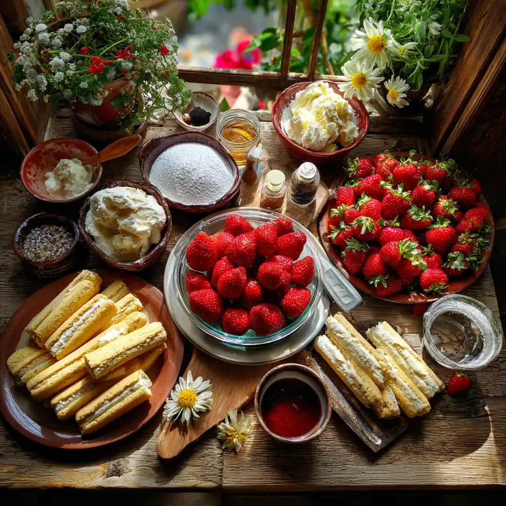 Ingrédients de la charlotte aux fraises pour la Fête des Mères : biscuits à la cuillère, fraises fraîches, crème, mascarpone et gélatine