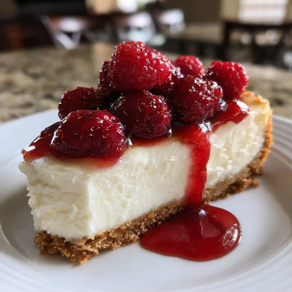Gros plan sur une part du cheesecake framboises sans cuisson pour la Fête des Mères avec le coulis rose et la crème crémeuse