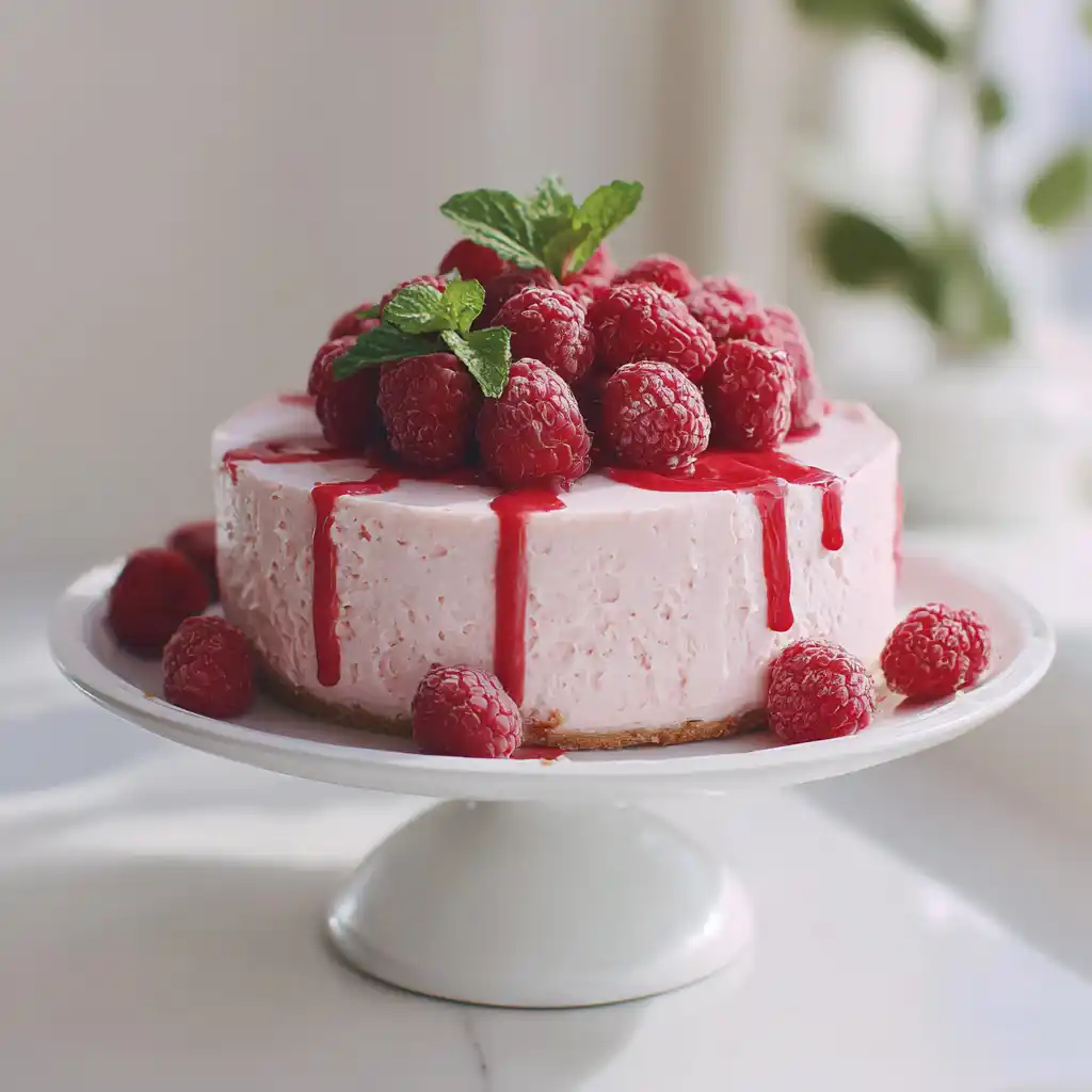 Cheesecake framboises sans cuisson pour la Fête des Mères entier avec coulis rose et framboises fraîches disposées sur le dessus