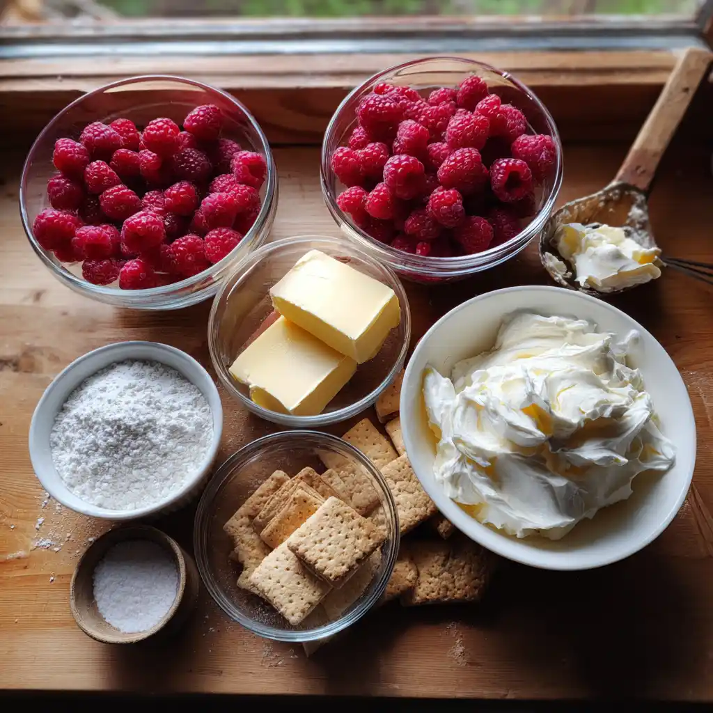 Ingrédients du cheesecake framboises sans cuisson pour la Fête des Mères : cream cheese, framboises, spéculoos, crème et gélatine