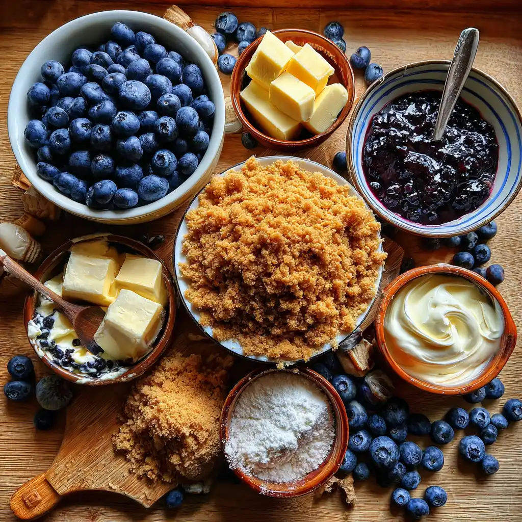 ingrédients cheesecake myrtilles sans cuisson disposés à plat