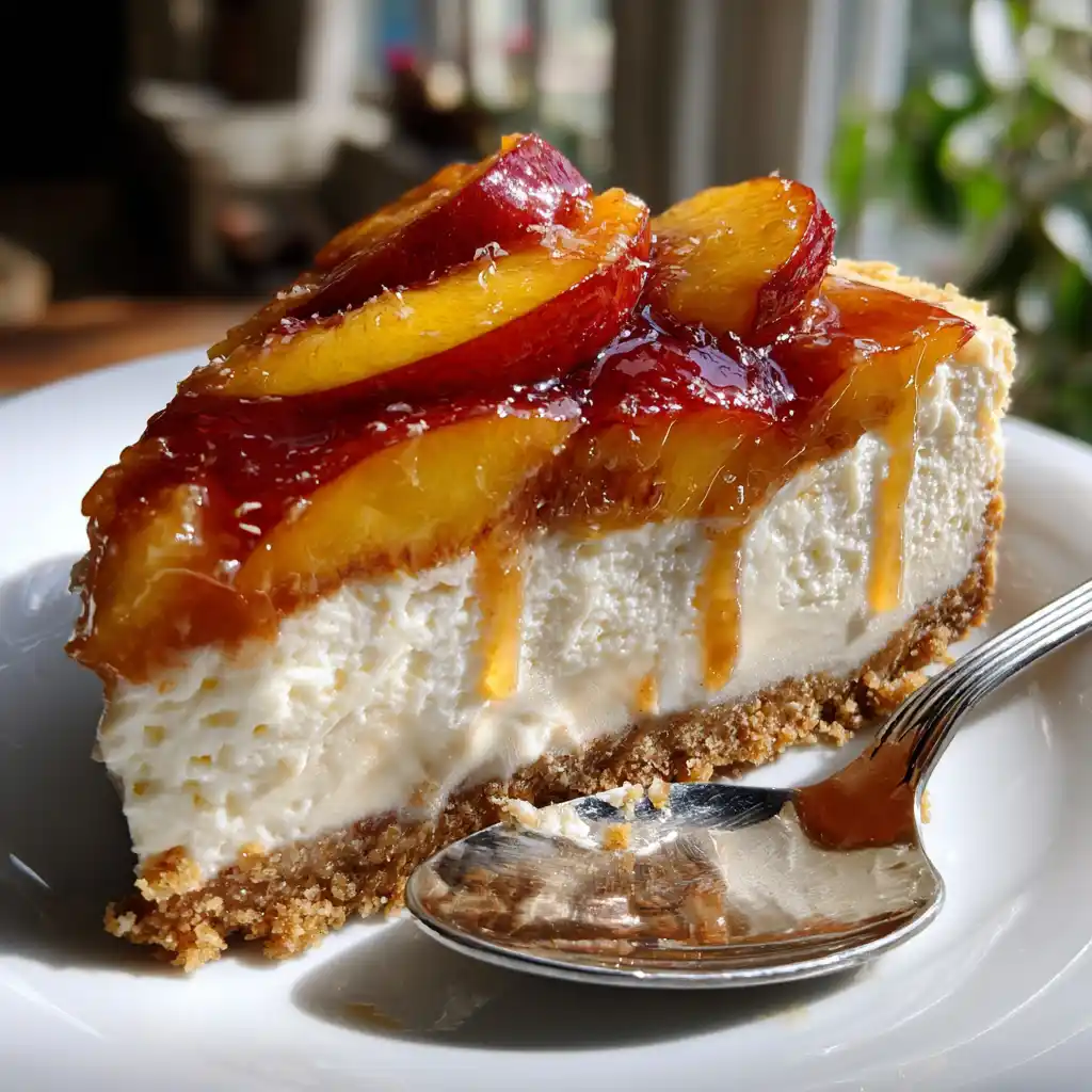Gros plan sur la texture crémeuse du cheesecake pêches et vanille sans cuisson avec base biscuitée croquante et pêches juteuses