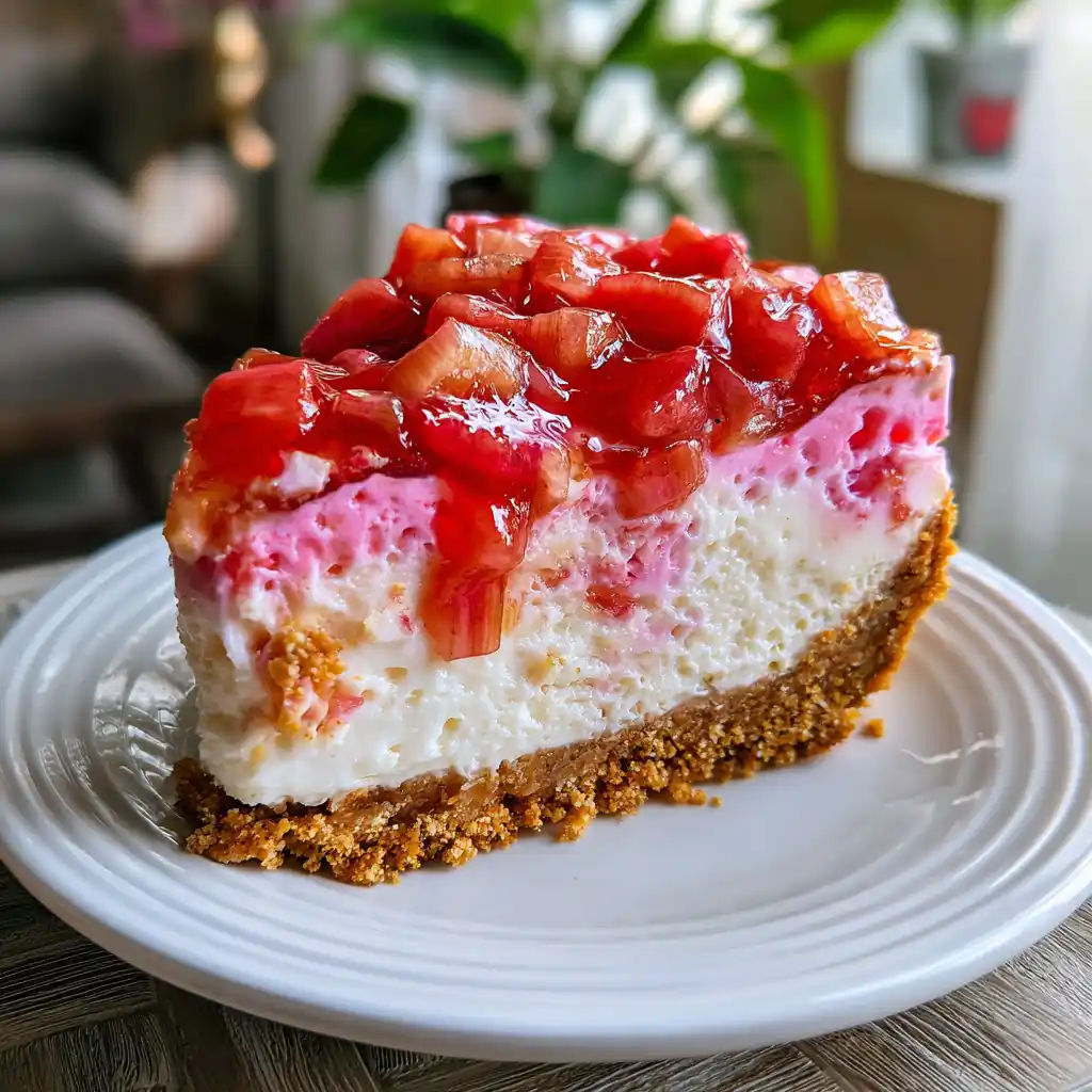 Gros plan sur la couche de rhubarbe du cheesecake