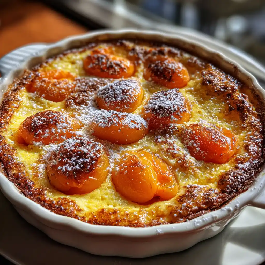 Gros plan sur le clafoutis aux abricots maison avec sa texture crémeuse et les abricots fondants