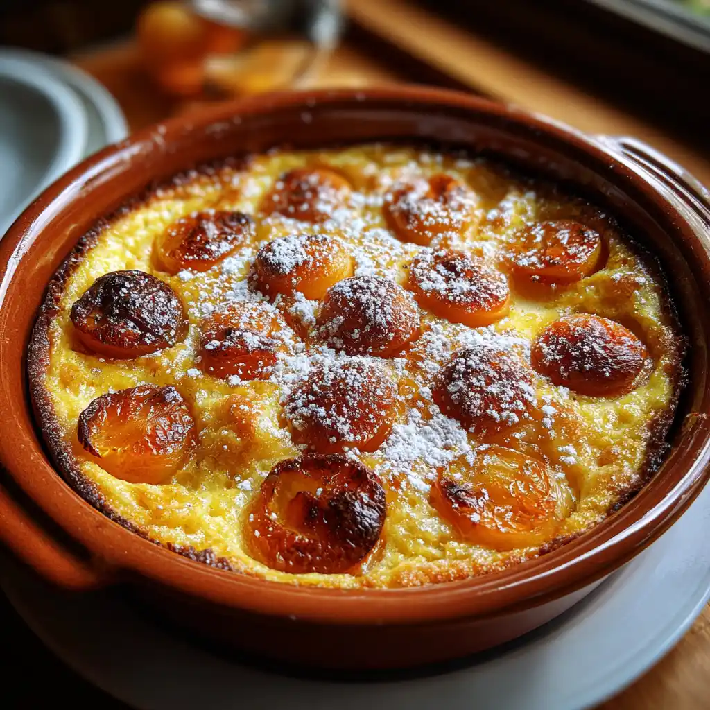 Clafoutis aux abricots maison entier sorti du four, doré et gonflé avec les abricots caramélisés en surface