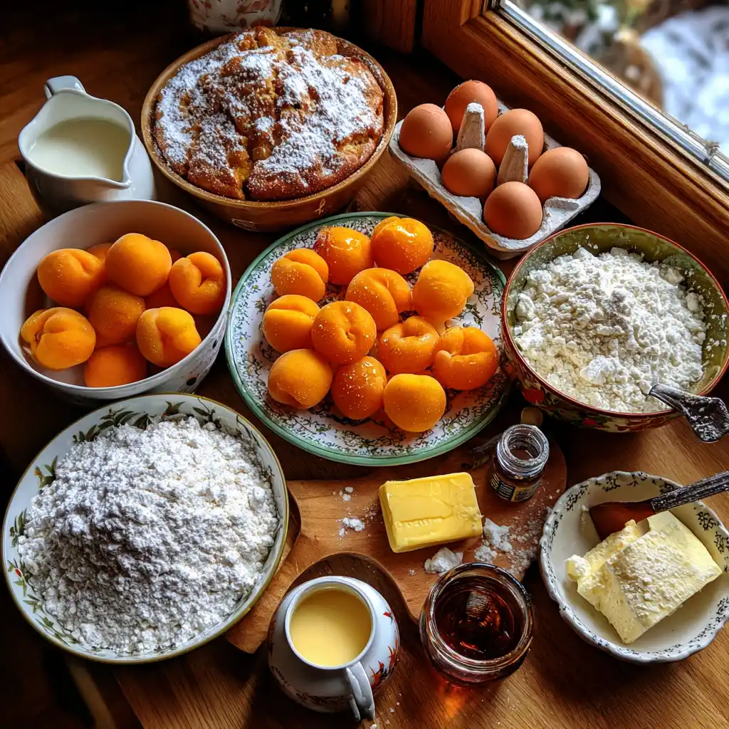 Ingrédients du clafoutis aux abricots maison : abricots frais, oeufs, lait entier, crème liquide, farine, sucre et vanille