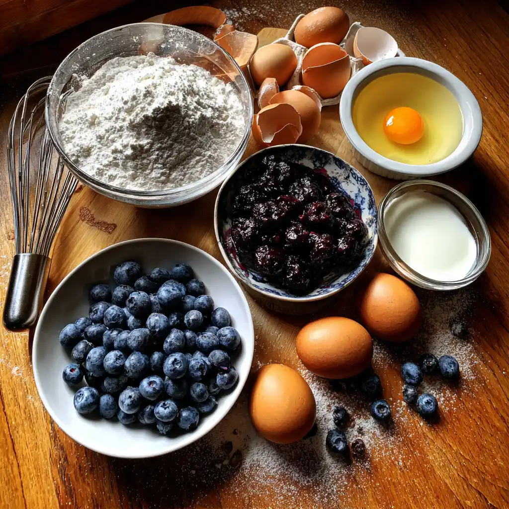 ingrédients clafoutis aux myrtilles maison disposés à plat