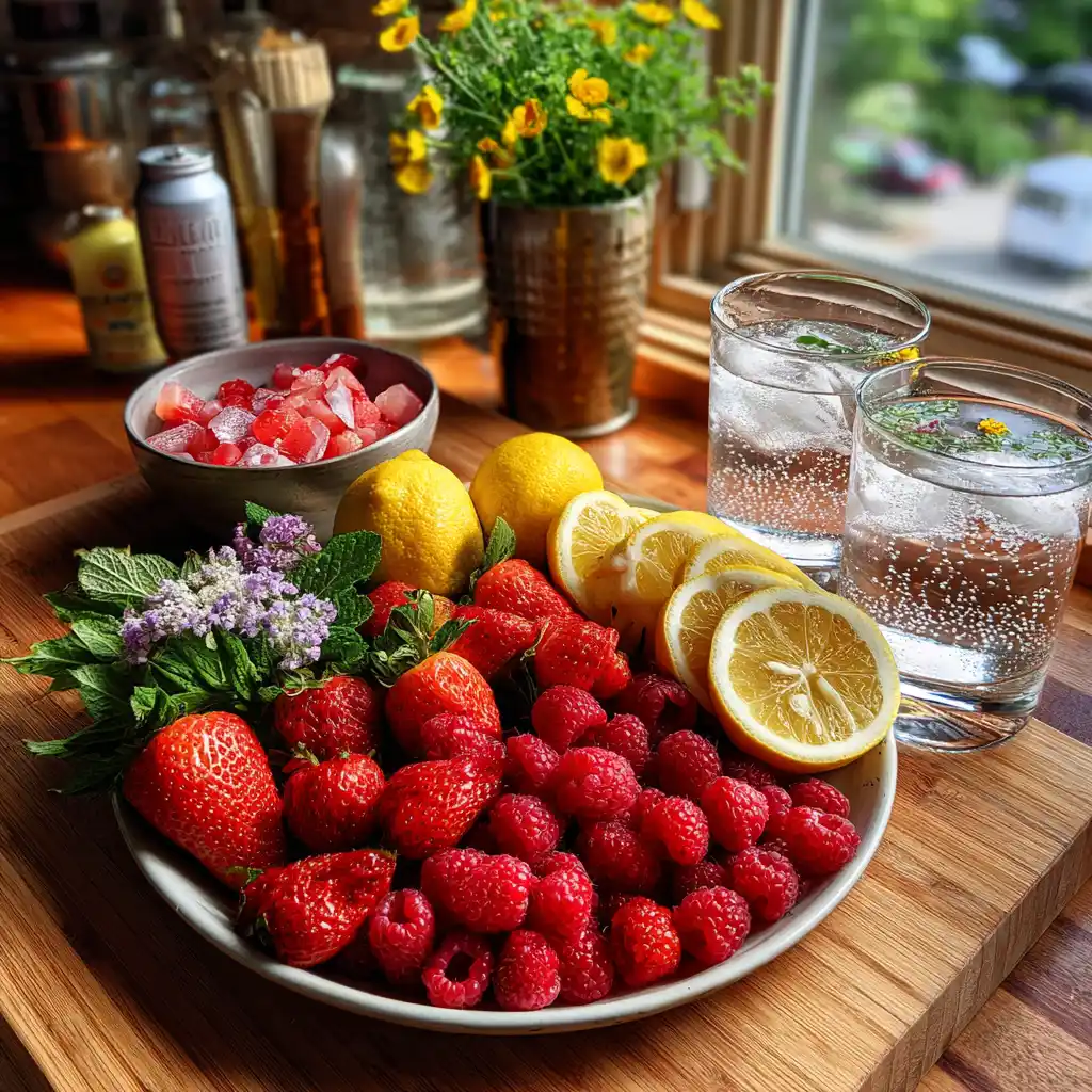 Ingrédients pour le cocktail rose : framboises, limonade, sirop, eau de rose