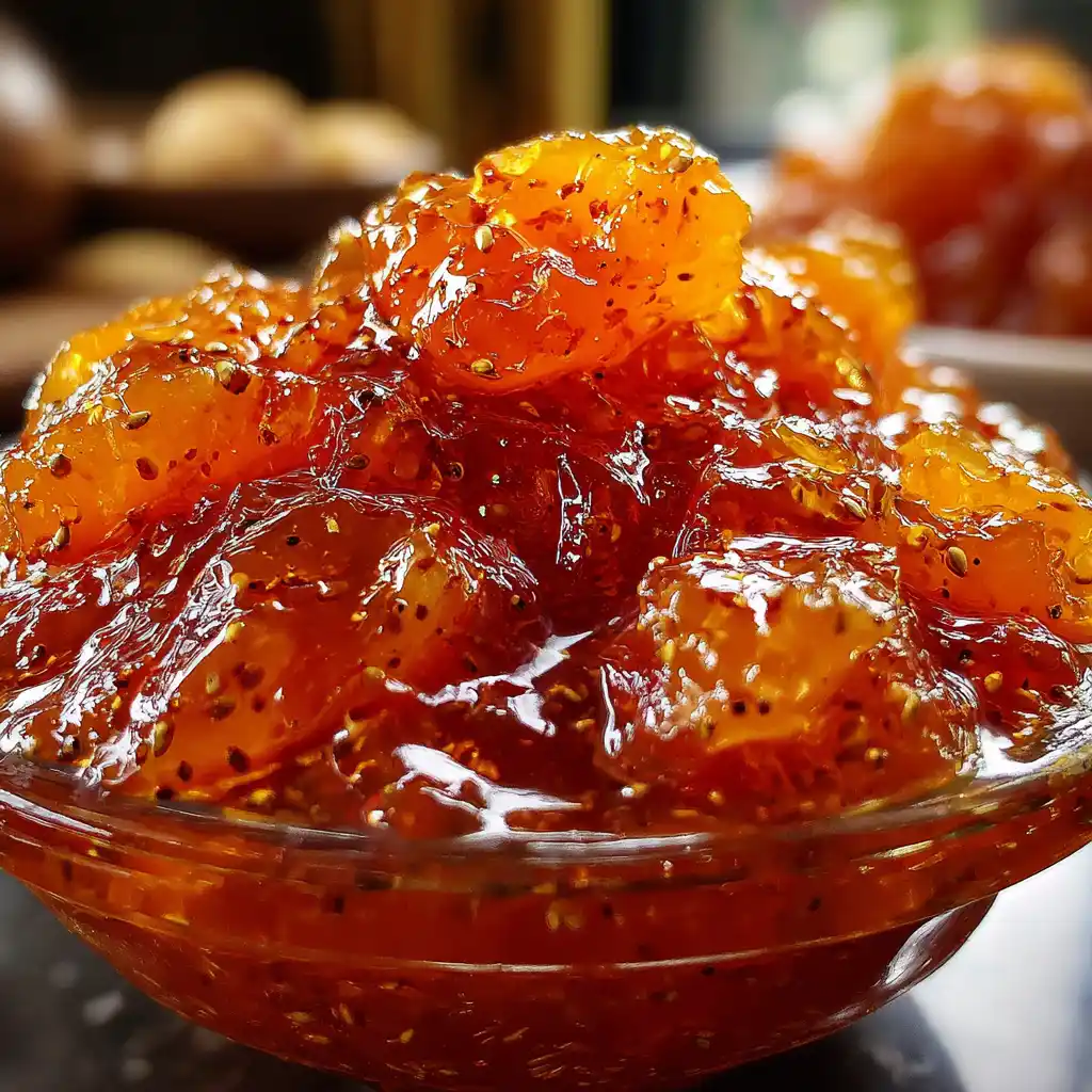 Gros plan sur la confiture d'abricots vanille maison avec sa belle couleur ambrée et les graines de vanille visibles