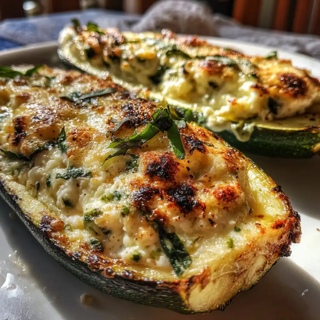 Gros plan sur une courgette farcie à la ricotta et basilic avec sa farce crémeuse et son gratiné doré