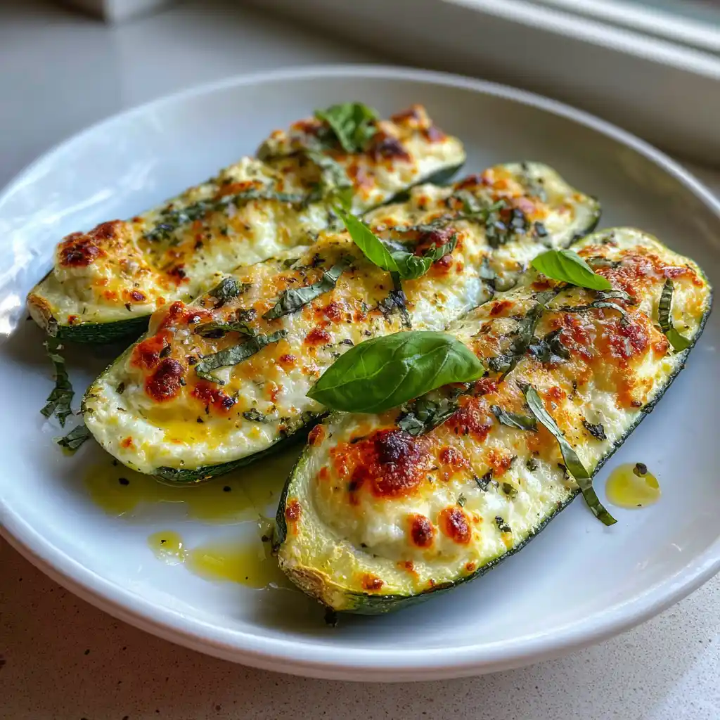 Courgettes farcies à la ricotta et basilic sorties du four dans le plat, dorées et gratinées avec du fromage fondu