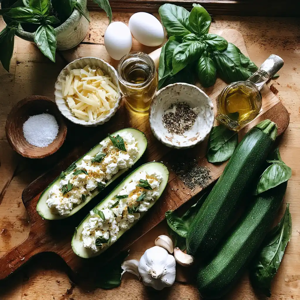 Ingrédients des courgettes farcies à la ricotta et basilic : courgettes fraîches, ricotta égouttée, parmesan, oeufs, basilic frais et citron bio