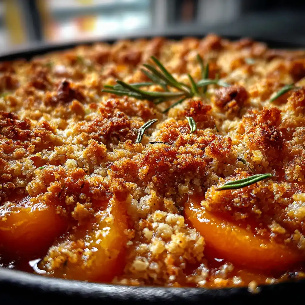 Gros plan sur la texture du crumble abricots romarin au four avec abricots fondants visibles sous la pâte sablée dorée et croustillante