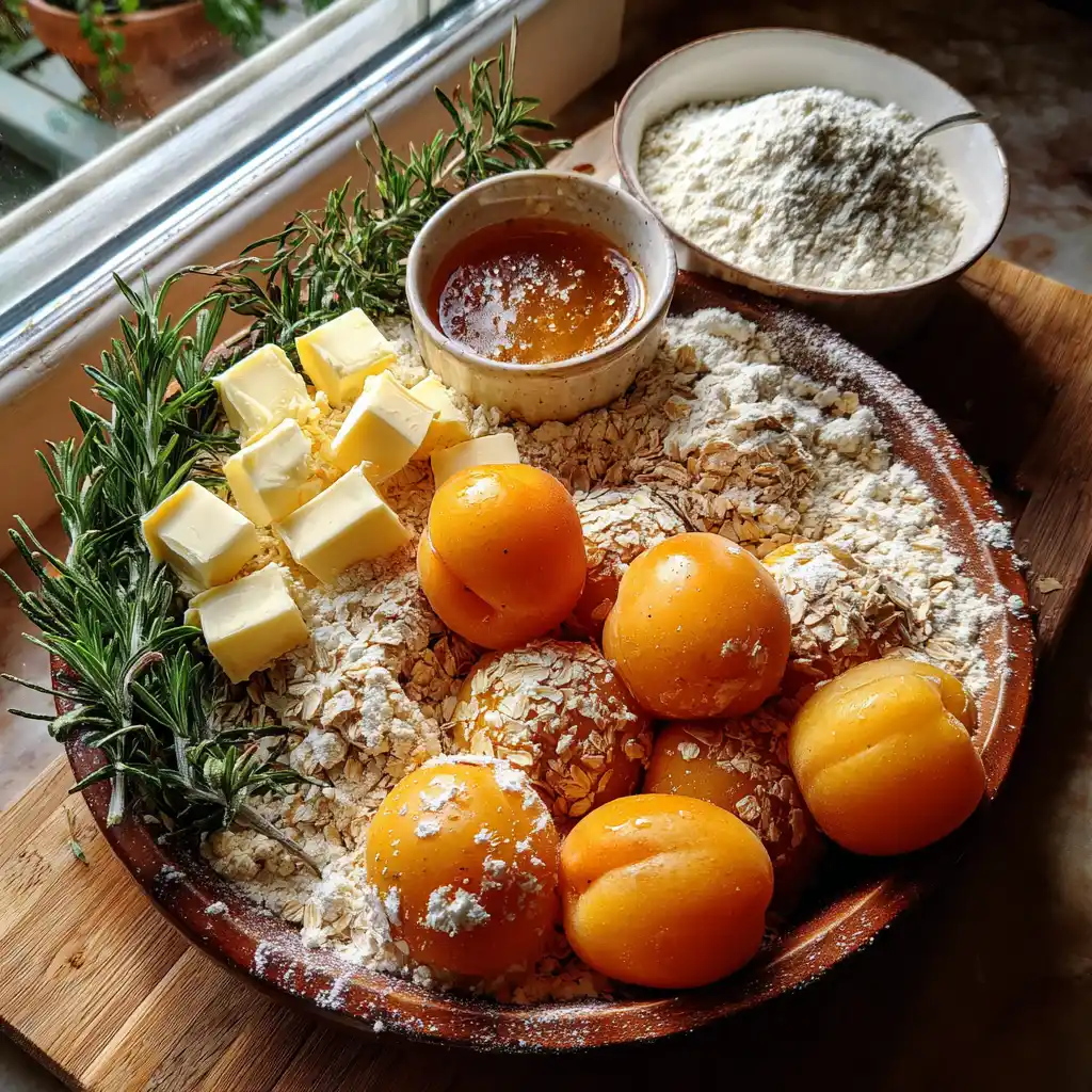 Ingrédients du crumble abricots romarin au four disposés sur un plan de travail : abricots, farine, beurre demi-sel, cassonade, brindilles de romarin et poudre d'amandes