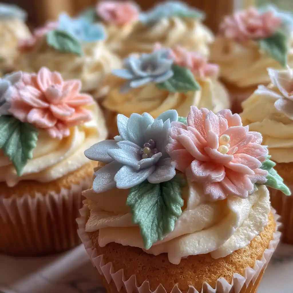 Gros plan sur un cupcake fleuri Fête des Mères avec sa rose en crème au beurre rose et ses pétales pochés à la main