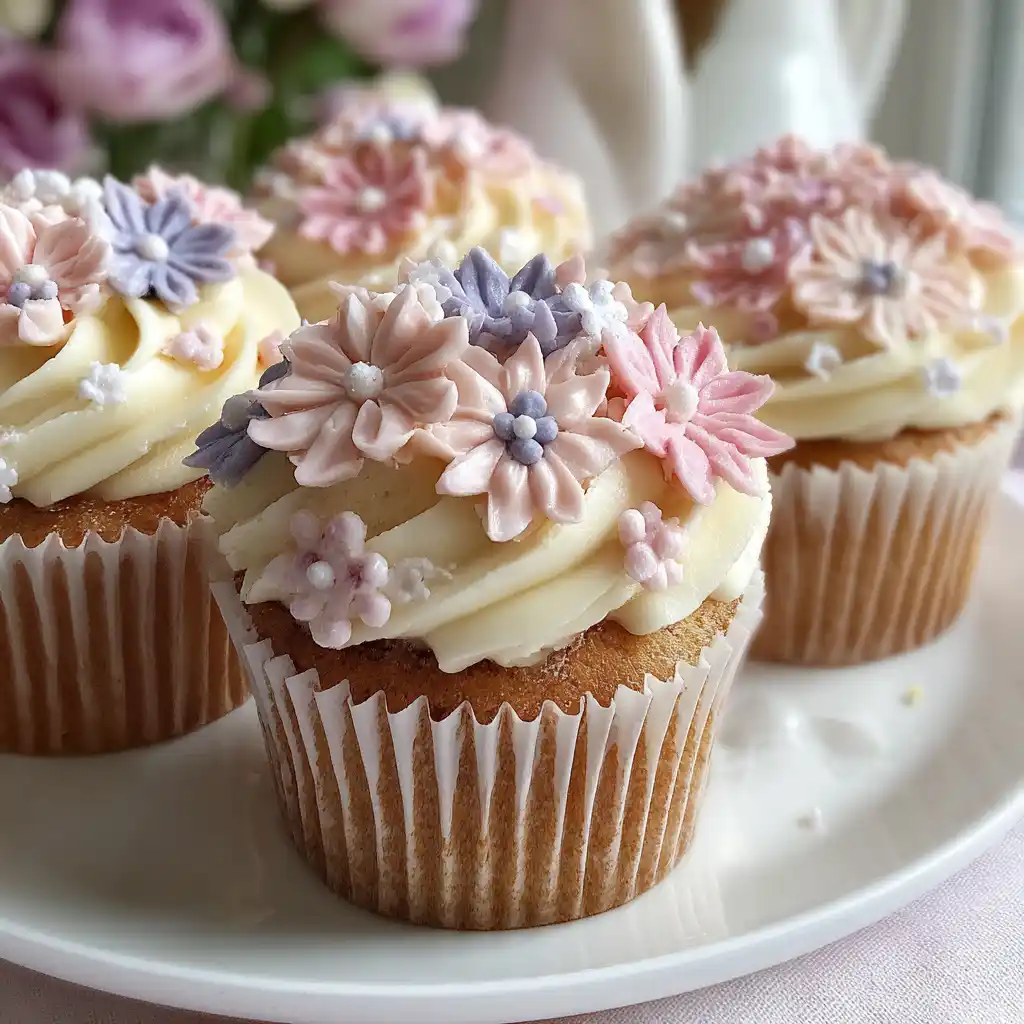 Plateau de cupcakes fleuris Fête des Mères avec leurs fleurs en crème au beurre dans des tons roses et mauves sur fond blanc