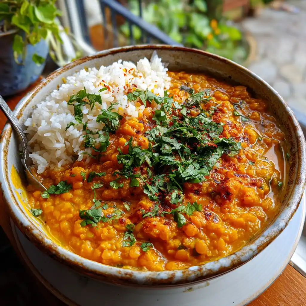 Gros plan sur le curry de lentilles corail crémeux avec sa belle couleur orange dorée et la coriandre fraîche
