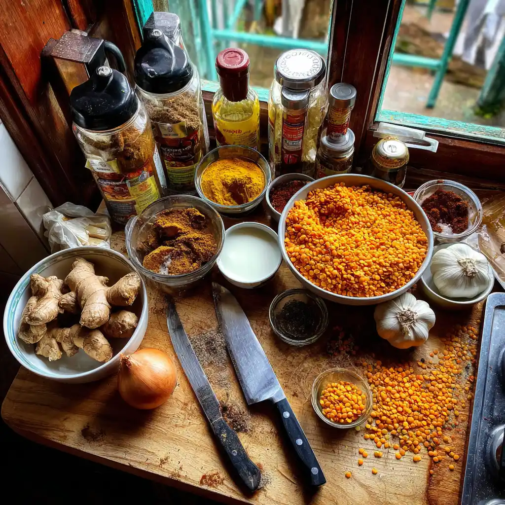 Ingrédients du curry de lentilles corail disposés sur un plan de travail : lentilles corail, lait de coco, tomates, oignon, ail, gingembre et épices indiennes
