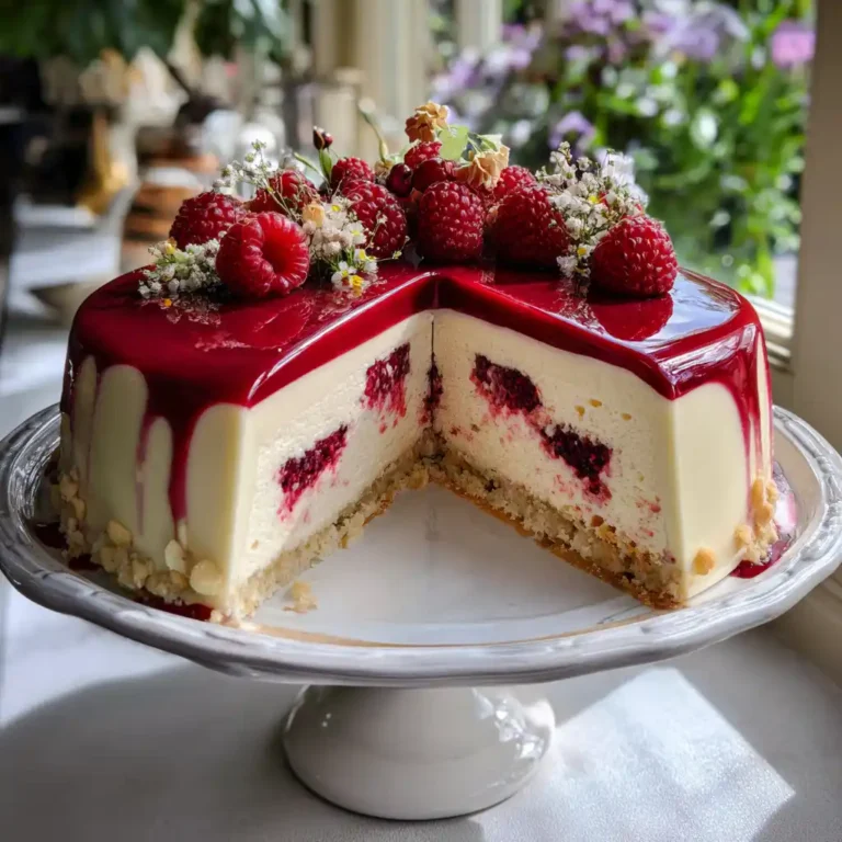 Entremets framboises et chocolat blanc pour la Fête des Mères avec son glaçage miroir