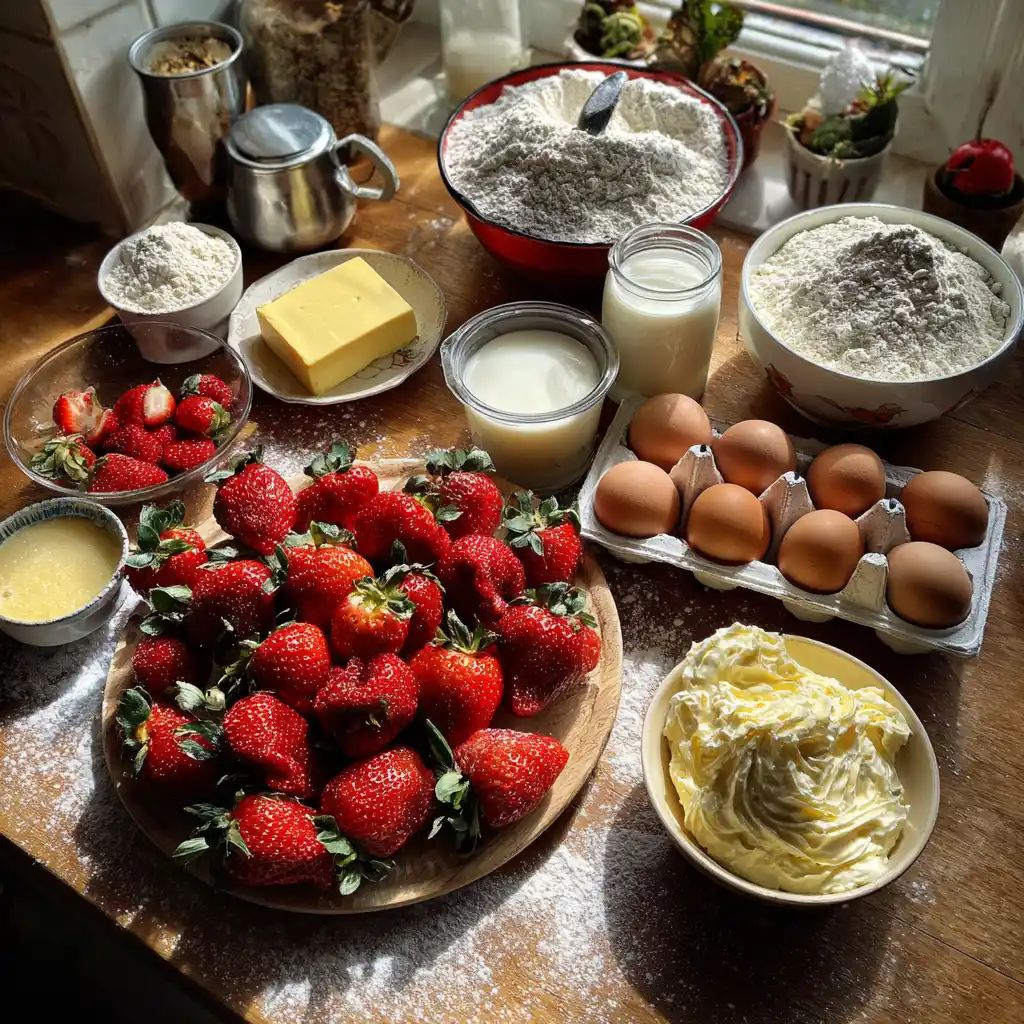 Ingrédients du fraisier maison : fraises fraîches, oeufs, beurre, lait entier, sucre, maïzena et gousses de vanille