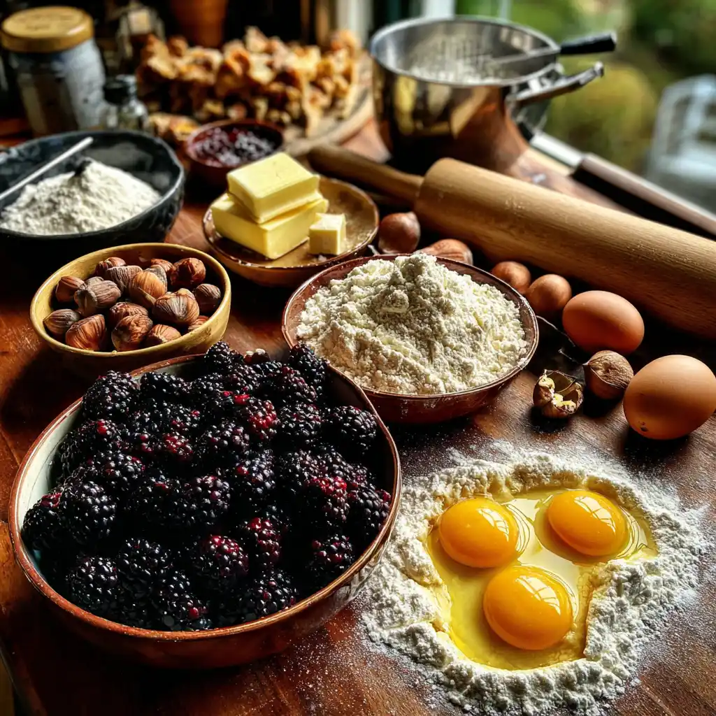 ingrédients galette rustique aux mûres et noisettes disposés à plat