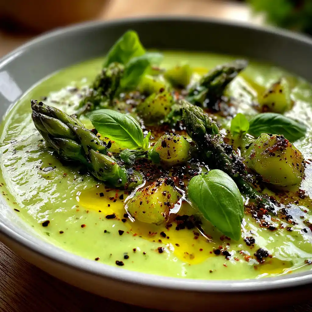 Gros plan sur le gaspacho d'asperges vertes au basilic avec sa texture veloutée et son vert intense