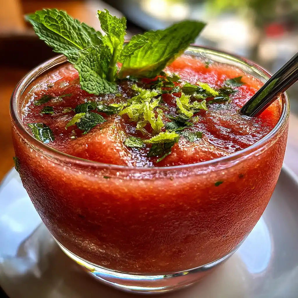 Gros plan sur un bol de gaspacho de pastèque menthe et citron vert avec cubes de pastèque, menthe et zeste