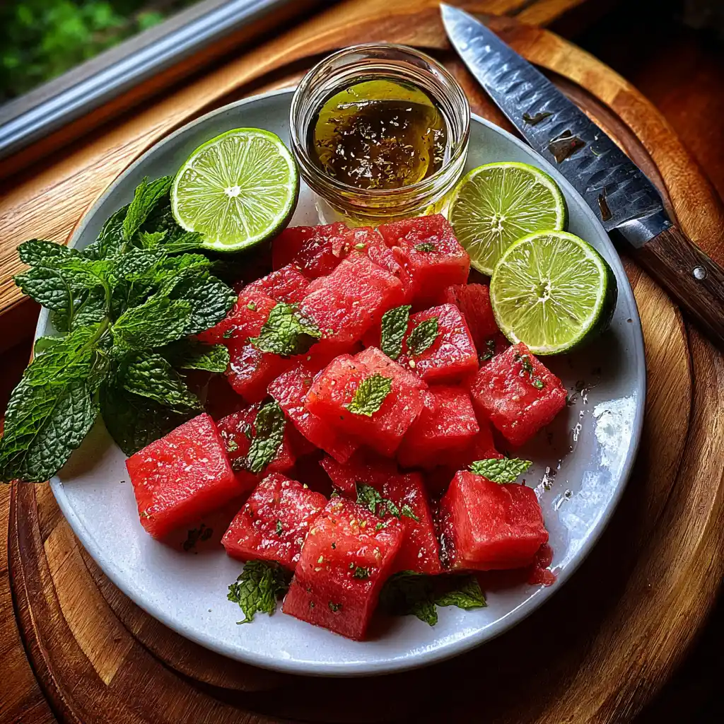 Ingrédients du gaspacho de pastèque menthe et citron vert disposés sur un plan de travail : tranches de pastèque rose, citrons verts, menthe fraîche et gingembre