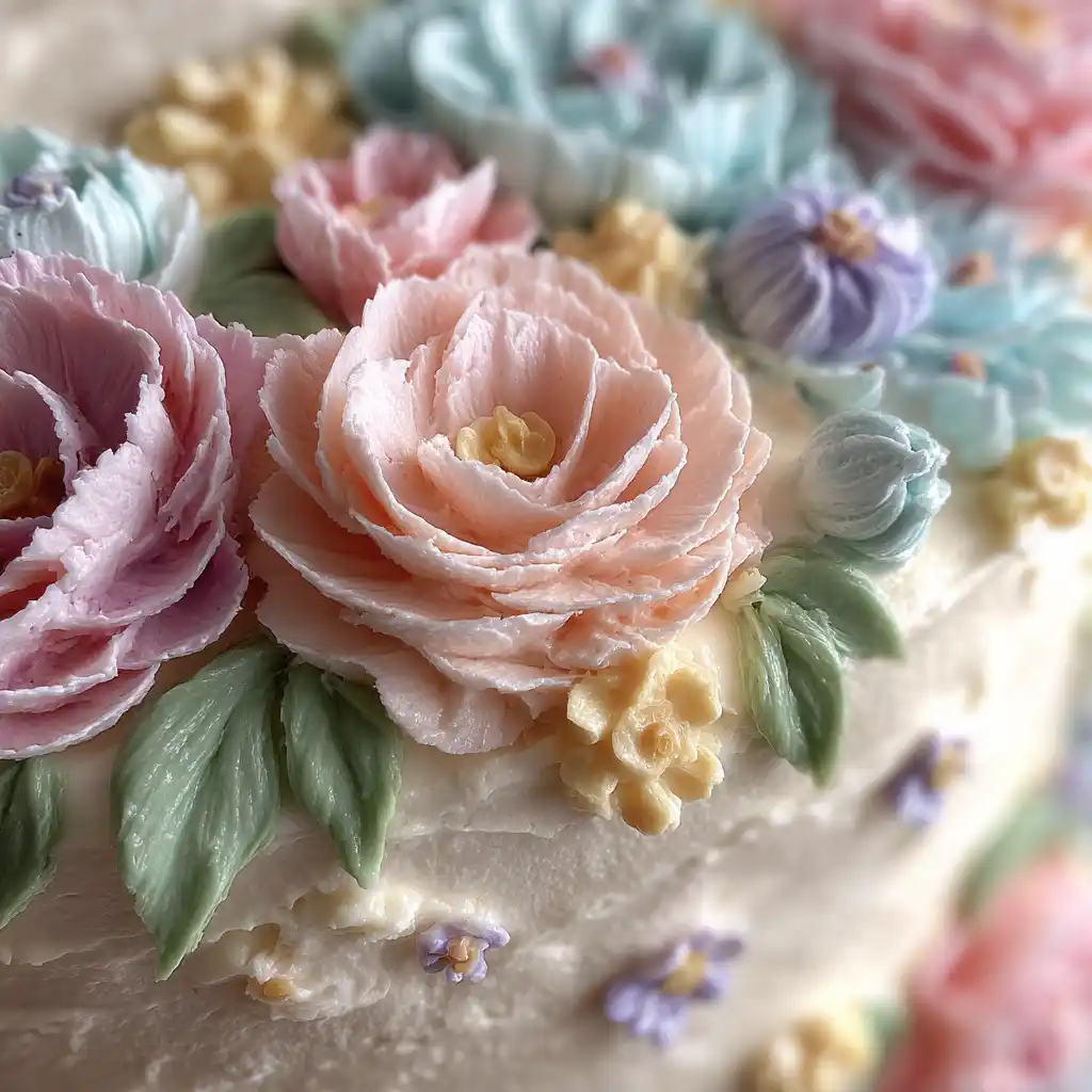Gros plan sur les fleurs en crème au beurre du gâteau floral Fête des Mères, roses et mauves pochées à la main