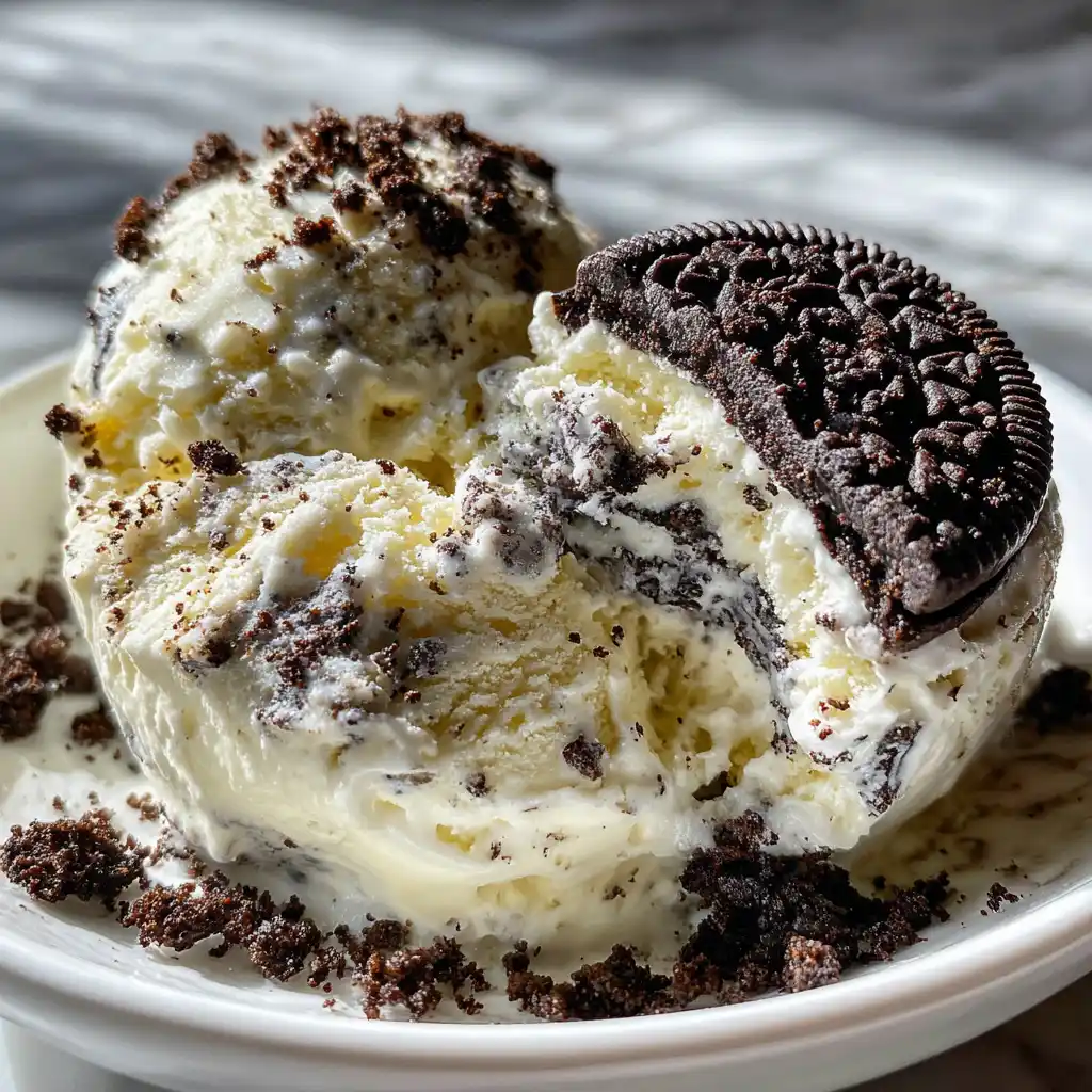 Gros plan sur la glace Oreo maison sans sorbetière avec les morceaux d Oreo visibles dans la crème