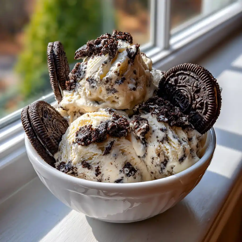 Glace Oreo maison sans sorbetière servie en boules avec des morceaux d Oreo sur le dessus