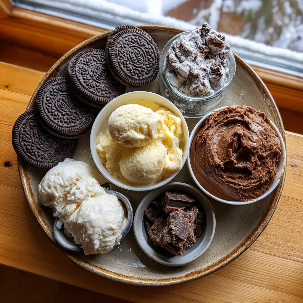 Ingrédients de la glace Oreo maison sans sorbetière : biscuits Oreo, crème liquide entière et lait concentré sucré