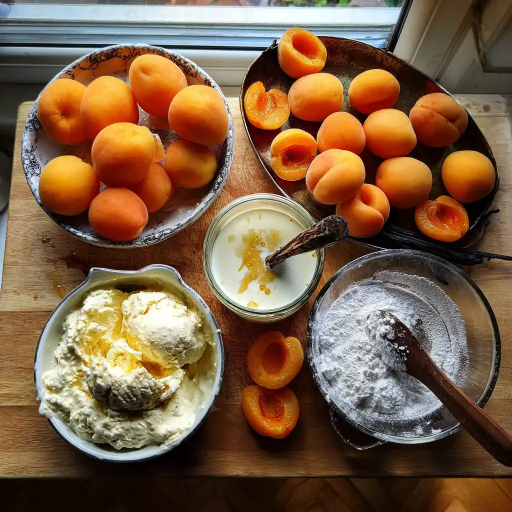Ingrédients de la glace abricots vanille sans sorbetière disposés sur un plan de travail : abricots, crème, lait concentré sucré et gousse de vanille