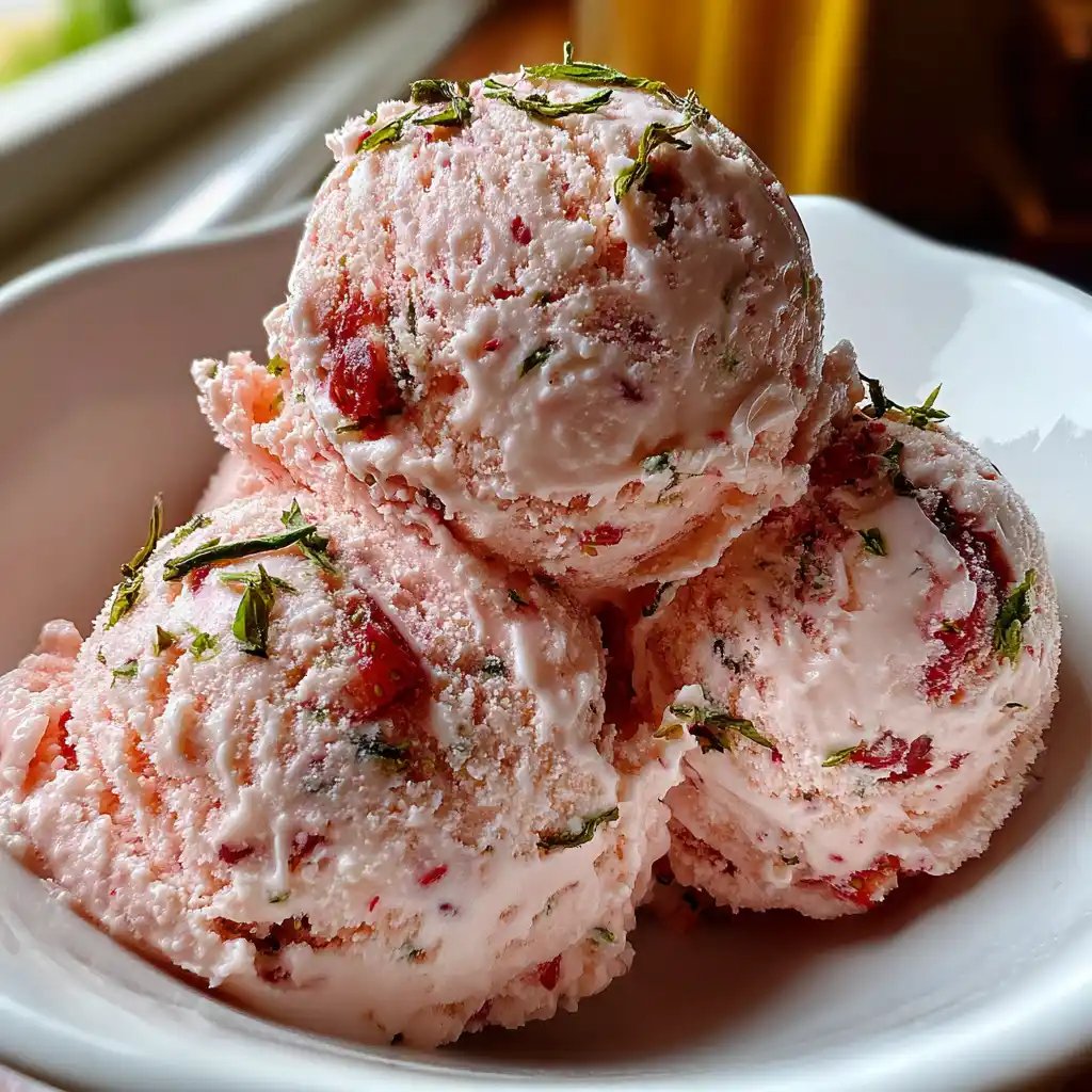 Gros plan sur la glace fraise basilic maison avec ses marbrures roses et les feuilles de basilic visibles