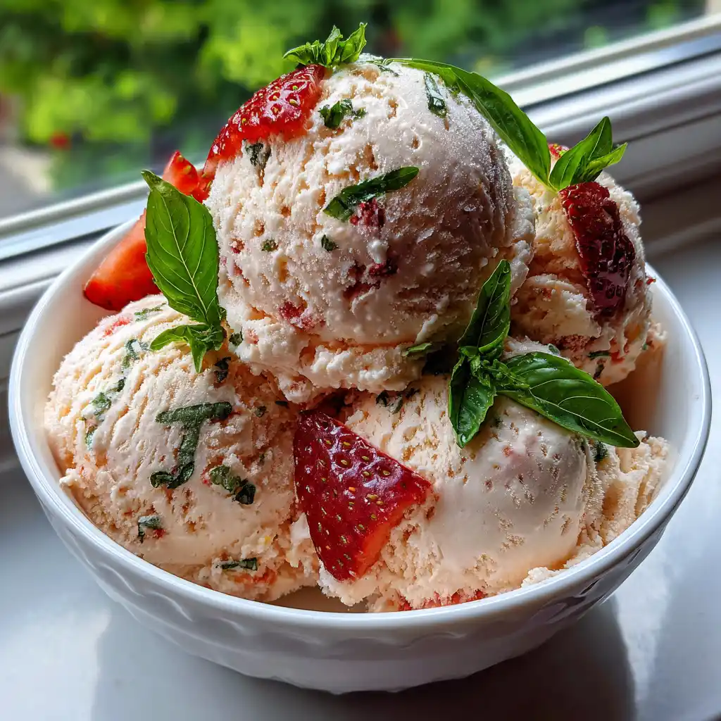 Glace fraise basilic maison servie en boules dans un bol avec des feuilles de basilic frais et des fraises