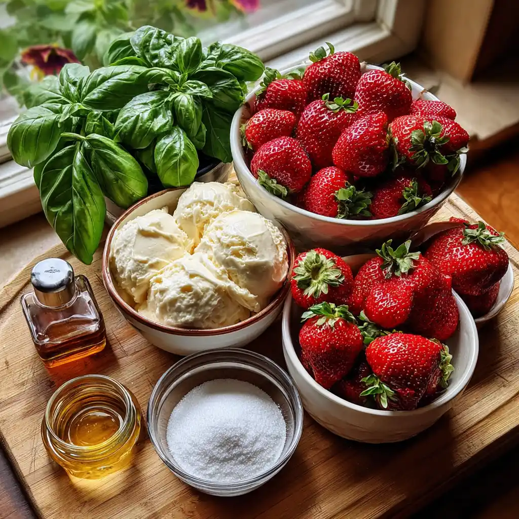 Ingrédients de la glace fraise basilic maison : fraises fraîches, basilic frais, crème liquide entière et lait concentré sucré