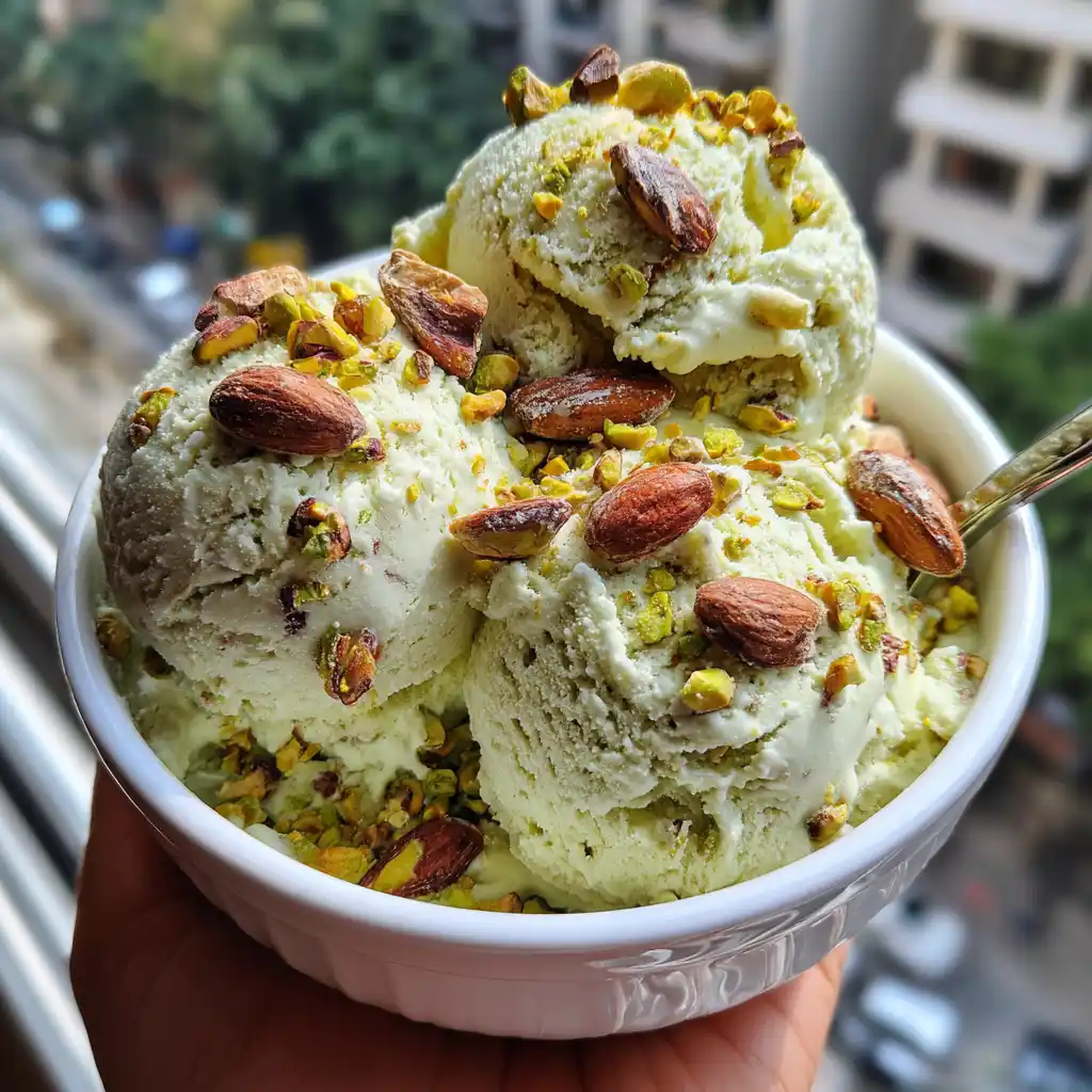 Glace pistache maison sans sorbetière servie en boules avec des pistaches hachées