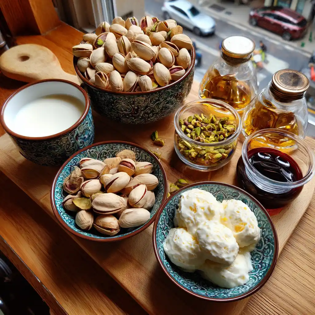Ingrédients de la glace pistache maison sans sorbetière : pâte de pistache, crème, lait concentré et pistaches hachées