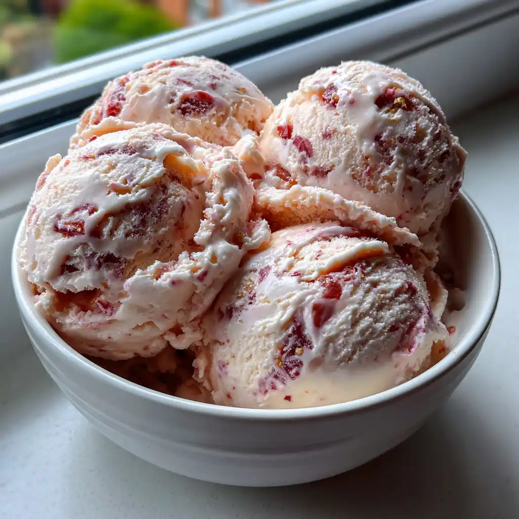 Glace rhubarbe vanille sans sorbetière en boules avec des marbrures roses