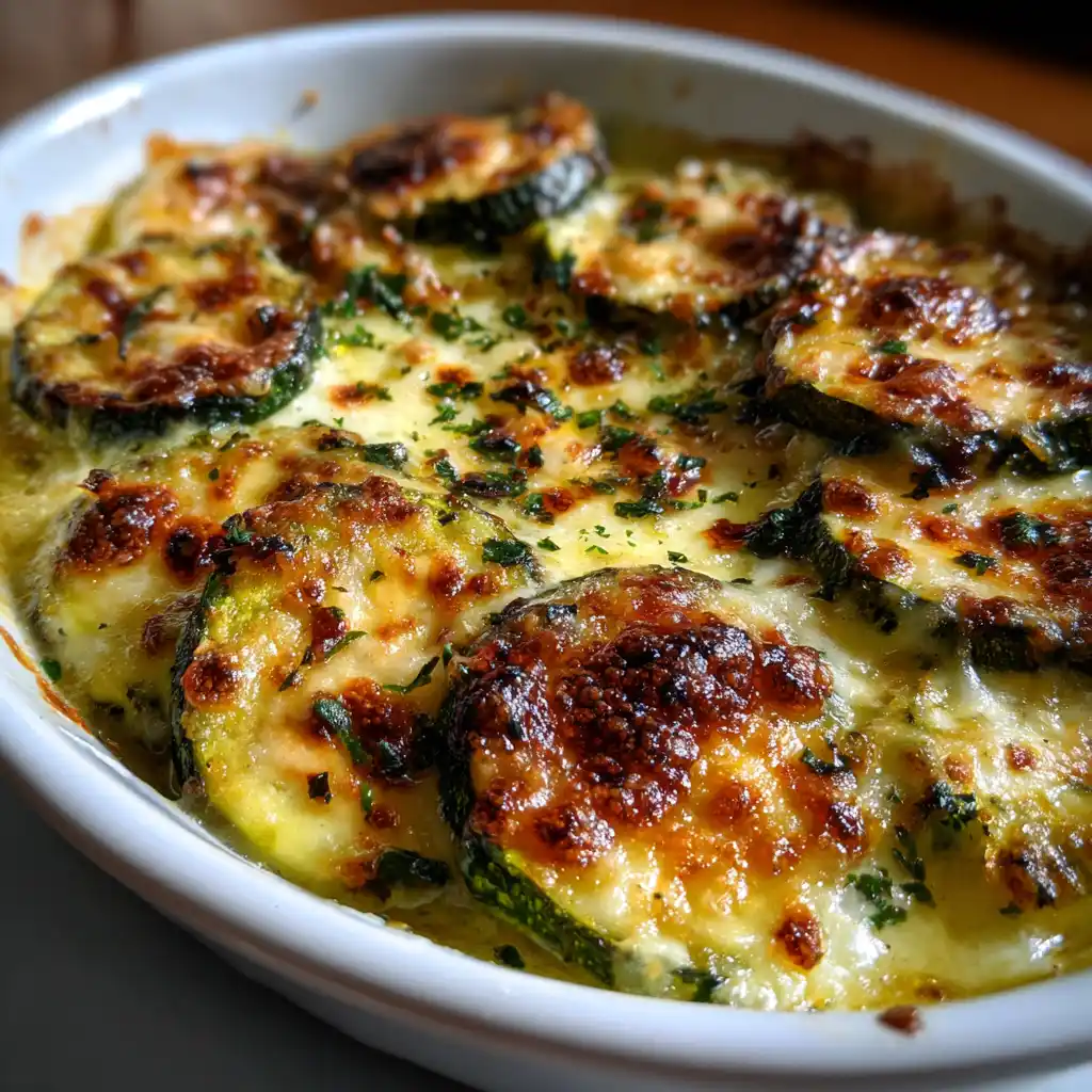 Gros plan sur une part de gratin de courgettes au chèvre frais avec la texture crémeuse de l'appareil et le fromage fondu