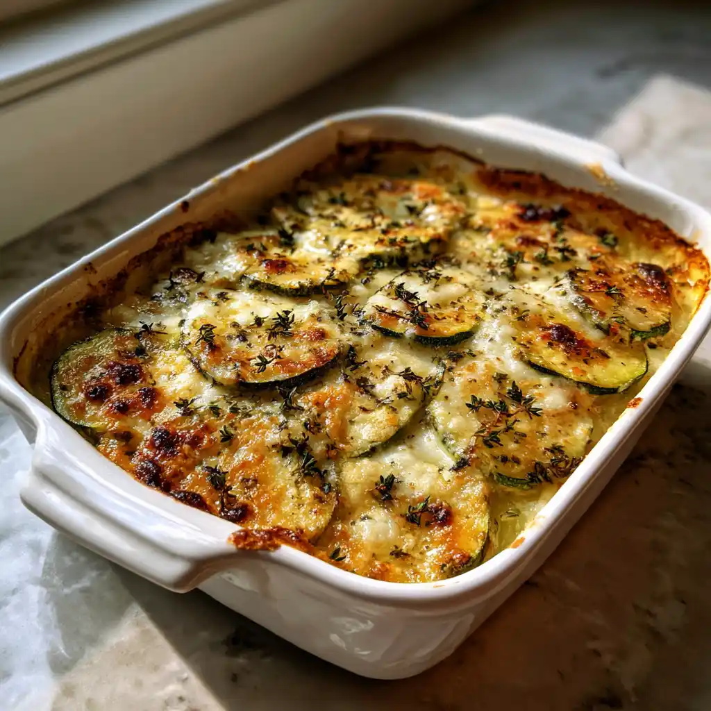 Gratin de courgettes au chèvre frais sorti du four dans le plat à gratin, avec sa surface dorée et gratinée