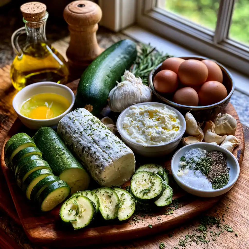 Ingrédients du gratin de courgettes au chèvre frais : courgettes fraîches, fromage de chèvre, oeufs, crème fraîche, ail et thym
