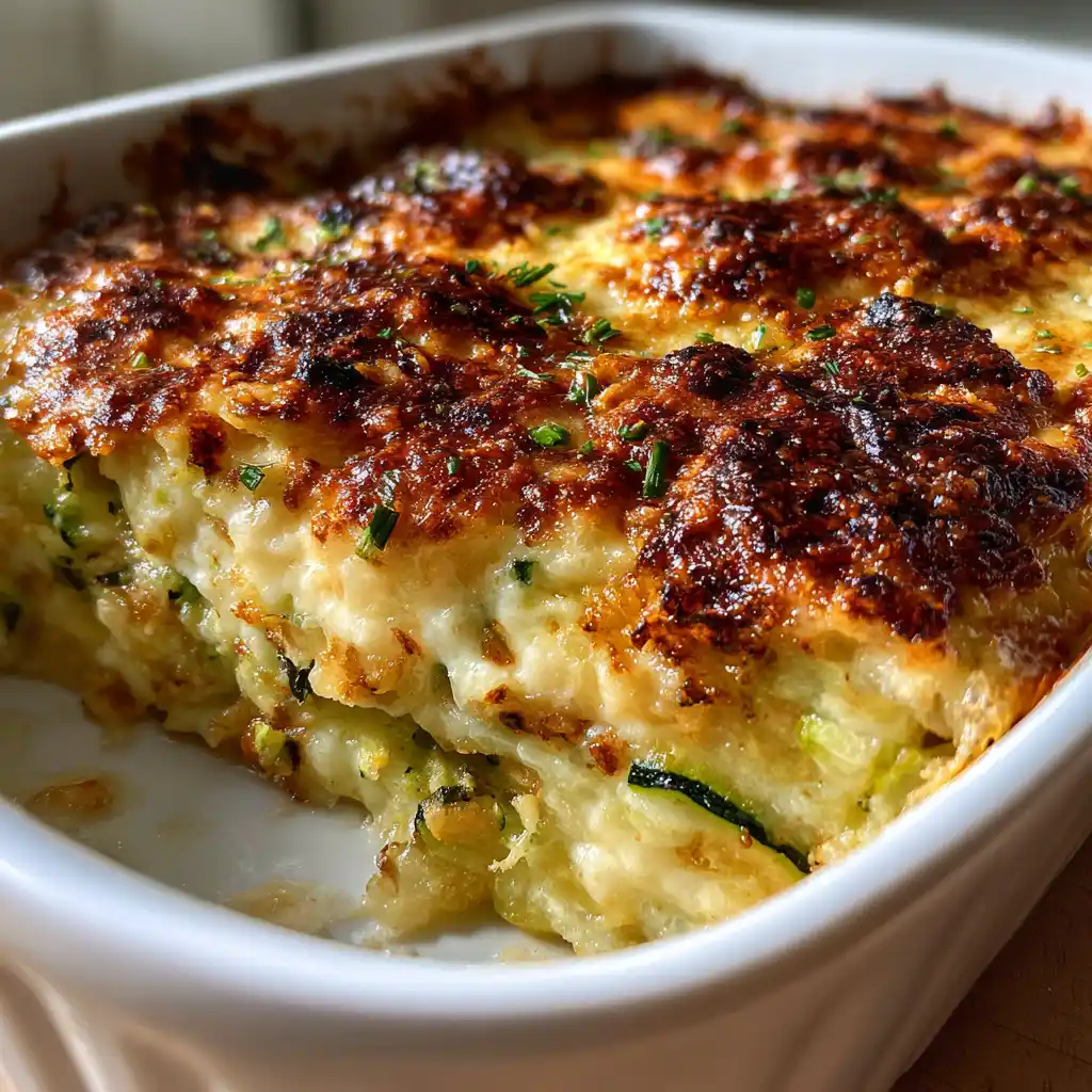 Gros plan sur la texture crémeuse du gratin de courgettes