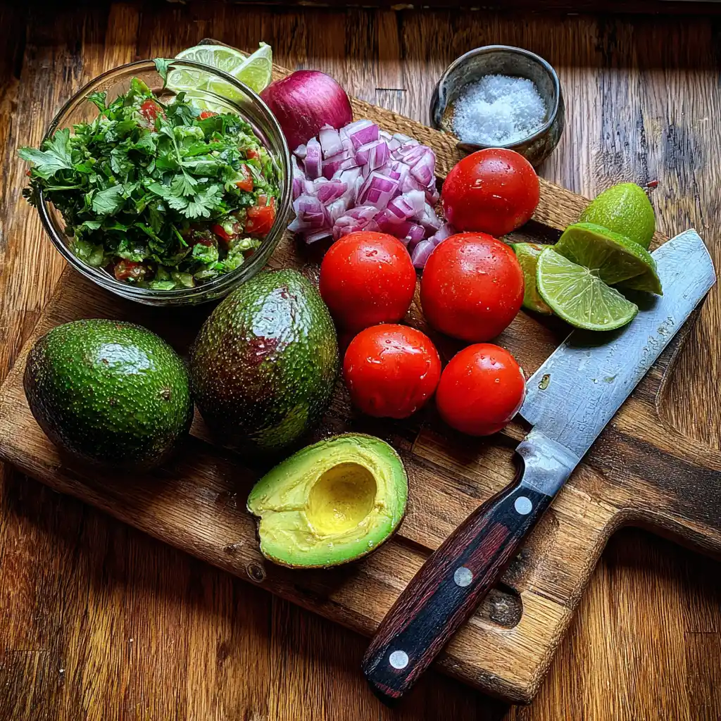 Ingrédients du guacamole maison disposés sur un plan de travail : avocats Hass, citrons verts, tomates, oignon rouge, coriandre fraîche, ail et piment jalapeño