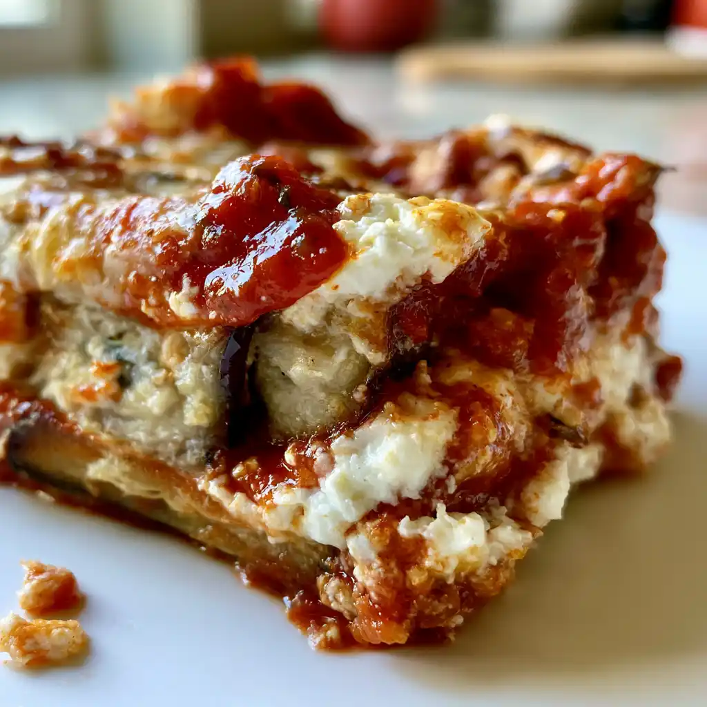 Gros plan d'une part de lasagnes aux aubergines et ricotta avec fromage fondant
