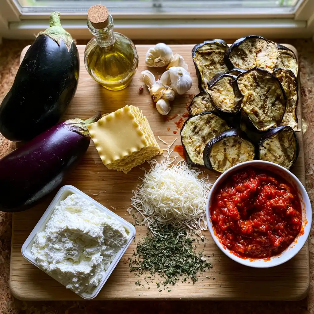 Ingrédients frais pour lasagnes aux aubergines et ricotta sur une planche en bois