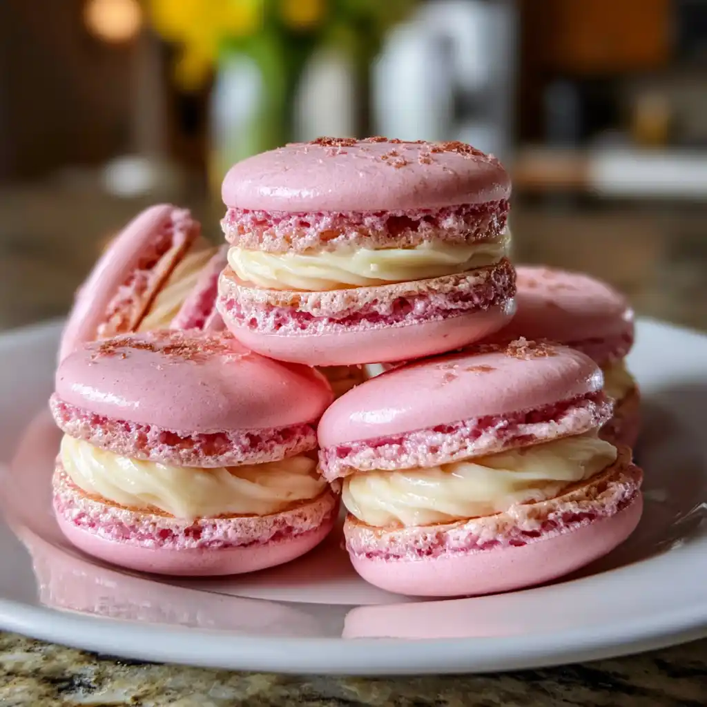 Gros plan sur les macarons roses et leur collerette