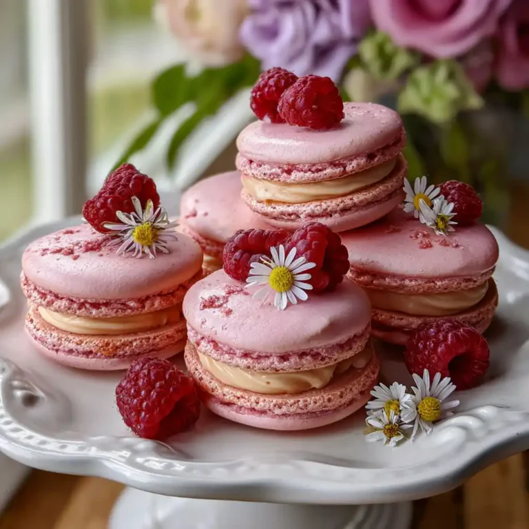 Macarons roses Fête des Mères alignés sur une assiette avec leur ganache framboise
