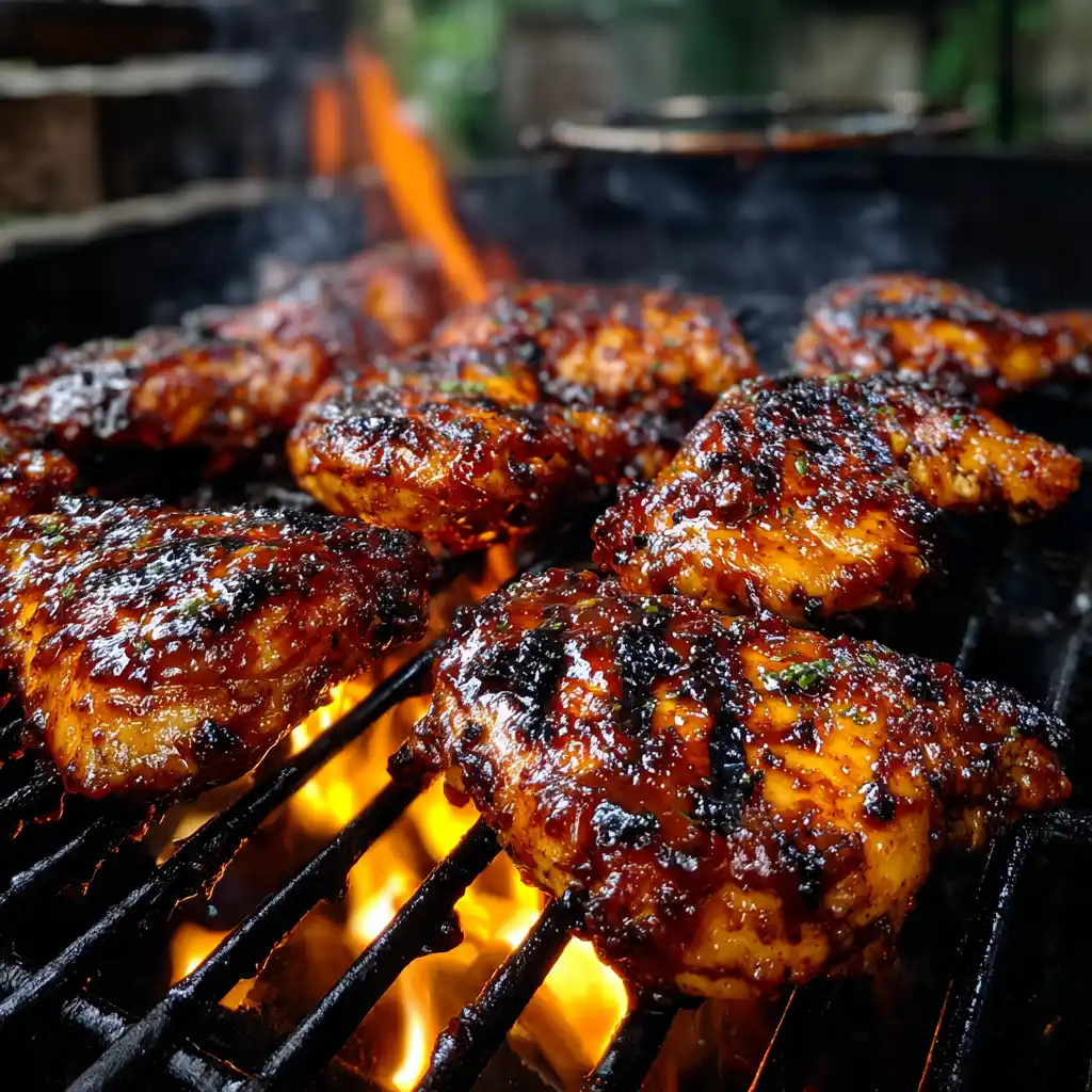 Poulet barbecue maison grillé sur le grill avec sa belle laque caramélisée dorée et ses marques de grill parfaites