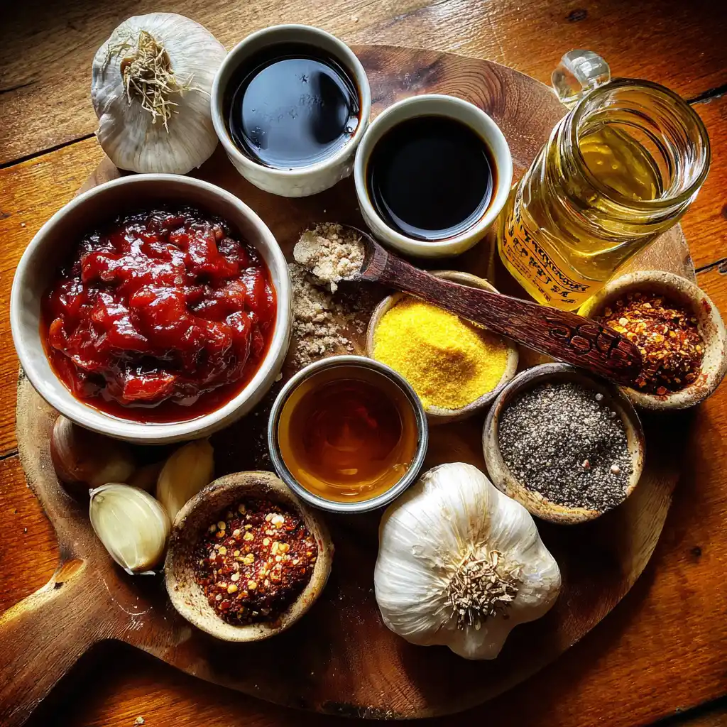 Ingrédients de la marinade poulet barbecue maison : sauce soja, miel, paprika fumé, ail frais, ketchup, vinaigre de cidre et épices